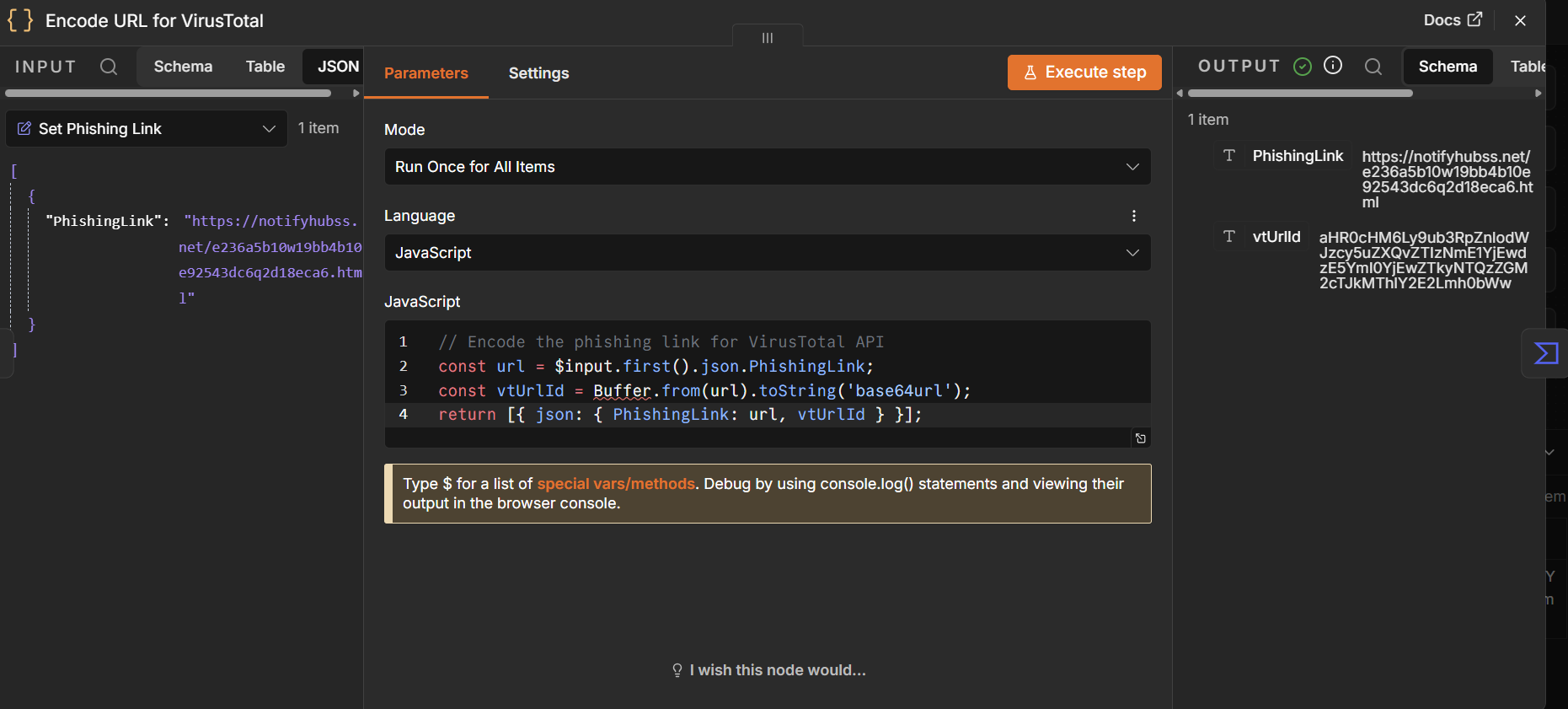 n8n JavaScript node encoding the suspicious URL