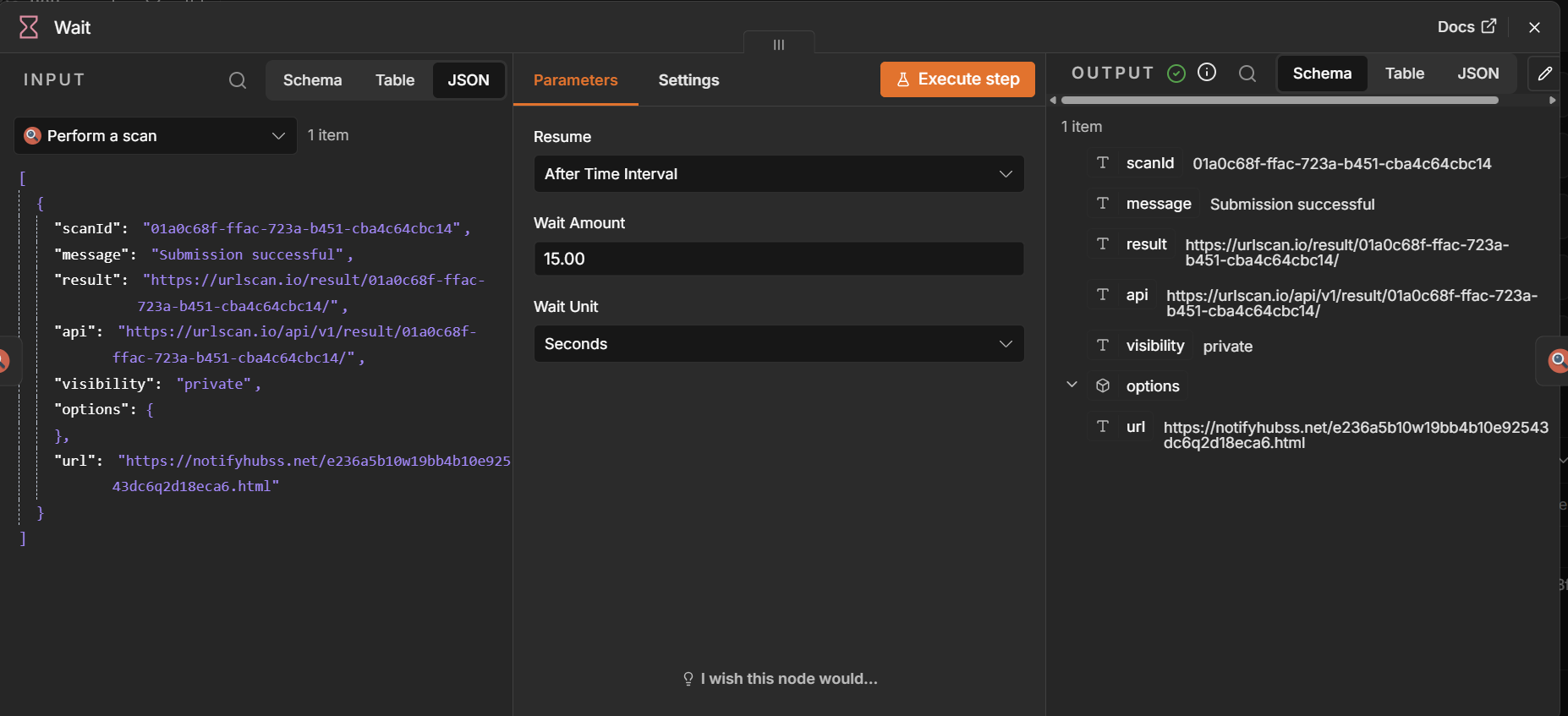 n8n wait node for the URLScan.io analysis