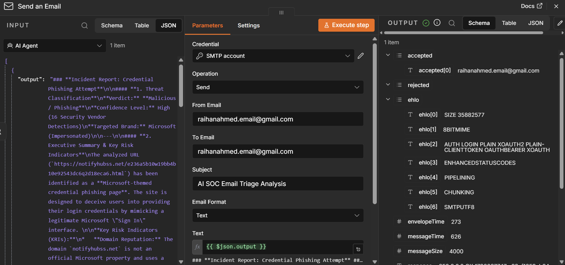 n8n email delivery node for the generated security report